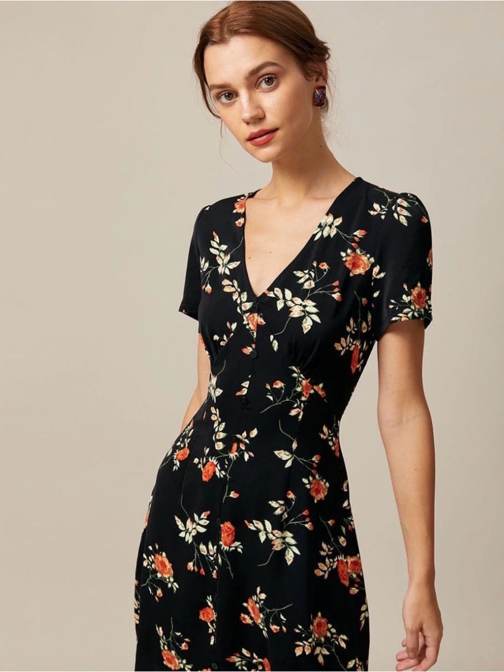 RIHOAS Black Floral Mini Dress with Orange and Cream Print